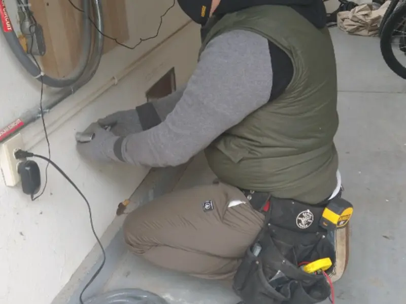 Electrician performing outlet wiring in a Mila Doce garage